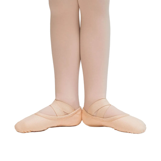 A pair of beige canvas ballet slippers positioned against a white background, designed for adults with an all-stretch fit.