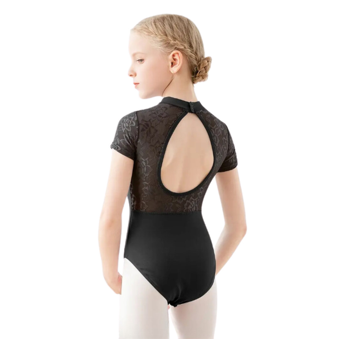 Girls Black Lace Sleeve Leotard