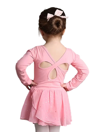 Child wearing a pink dress with cut-out back design on a white background