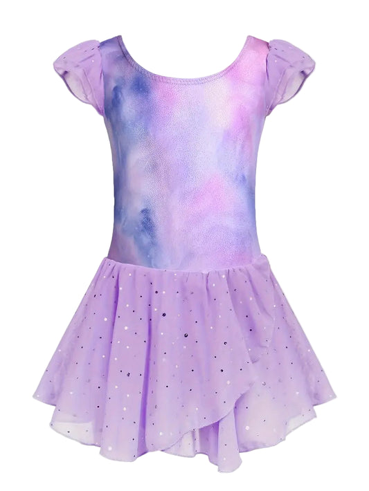 Purple and blue tie-dye dress with a tutu skirt on a white background