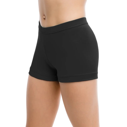 Black shorts worn by a person on a white background